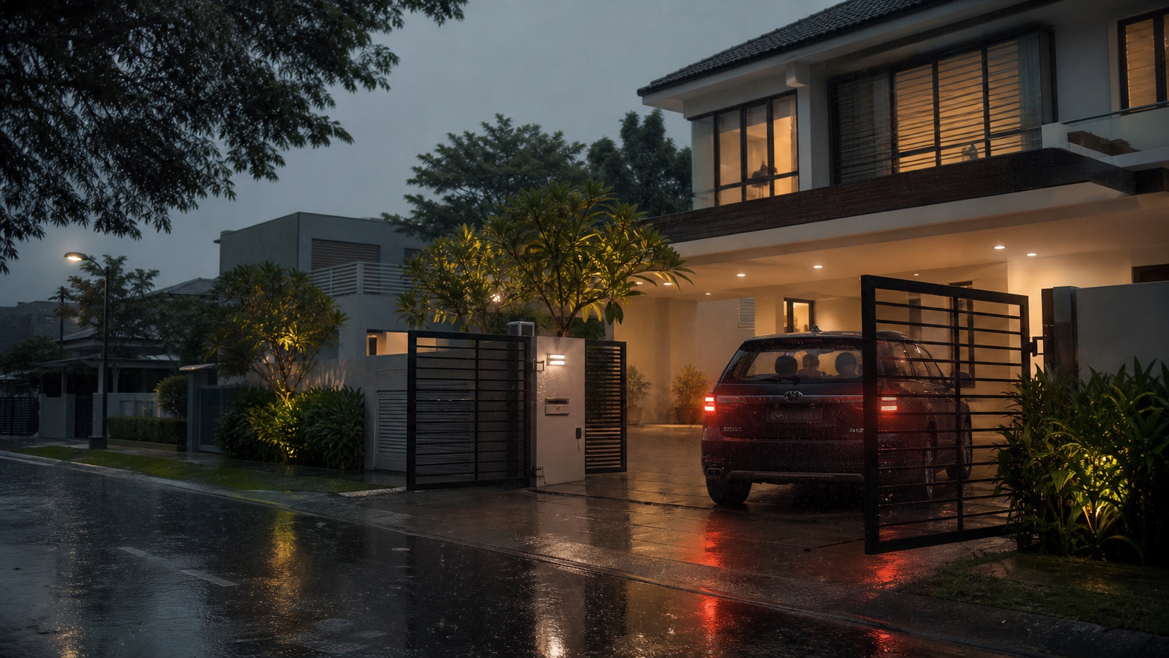 A Malaysian family arriving home as their automatic gate opens in the rain